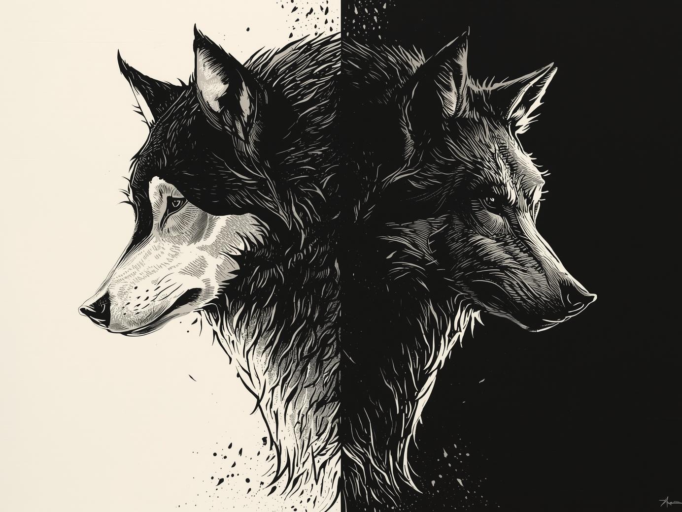 צור תמונה בצבעים של שחור ולבן המביא את המשל על הזאב הטוב והבאב הרע.